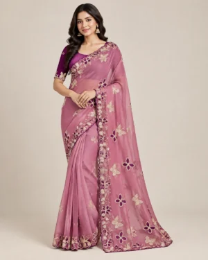 Embroidered georgette saree with matching running blouse shown in multiple colours