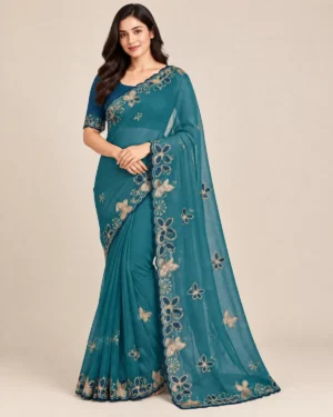Embroidered georgette saree with matching running blouse shown in multiple colours