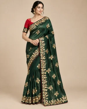 Embroidered silk saree with floral motifs and contrast blouse piece in multiple colours