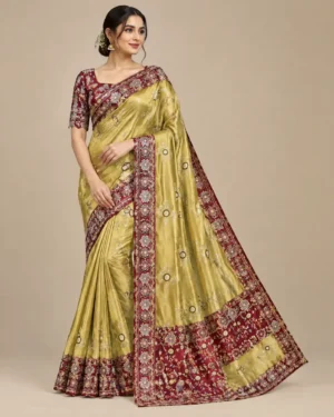 Embroidered Rangoli silk saree set with matching stitched blouse and cut-work lace border in multiple colourways.