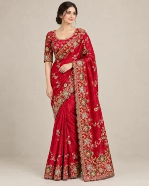 Embroidered Rangoli silk saree set with matching stitched blouse and cut-work lace border in multiple colourways.