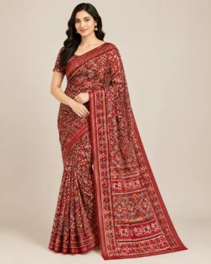 Red georgette saree with all-over uniform print and matching blouse piece.